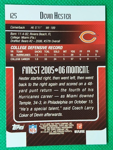 2006 Topps Finest #125 Devin Hester HOF ROOKIE Chicago Bears / Miami Hurricanes - Photo 2 sur 3