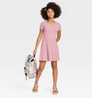 Art Class Short Sleeve Dress Pink Girls Button Front Henley Skater Medium A3008