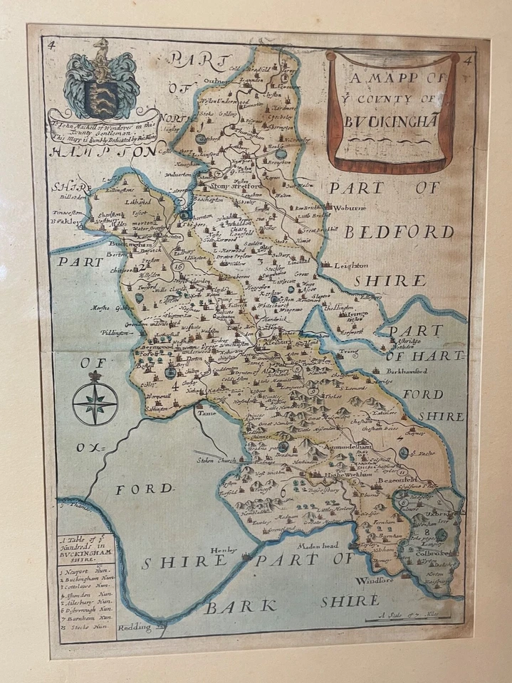 Raro Original Antigo Mapa Colorido à Mão de Buckinghamshire por Richard Blome 1715 - Imagem 2 de 4