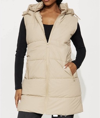 Fashion Nova Warm Embrace Hooded Puffer Vest - Khaki Size Large