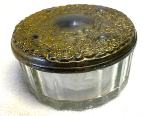 VINTAGE FRENCH BRASS GLASS SILVER- PLATED LIDDED VANITY  POWDER JAR w/PUFF & NET