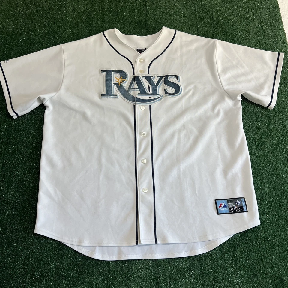 Camiseta de colección Majestic Tampa Bay Rays para hombre 2XL punto blanco Evan Longoria #3 Y2K Foto 2 de 4