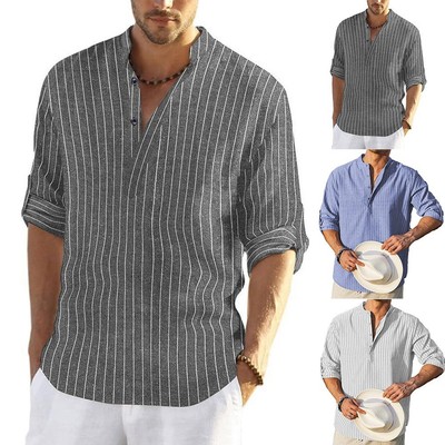 Trendige lockere Passform kragenlose gestreifte Hemden für Herren Retro Button Down Tops