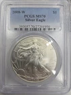 2008 W $1 American Silver Eagle PCGS MS70 Burnished Blue Label