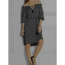 Zimmermann Pavilion Striped Dress 2 Black White Cotton Gauze Tassel Tie Women's