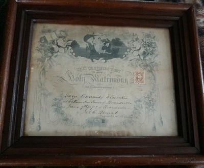 Antique 1872 Framed Marriage Certificate George Townsend  Vinockic  Stamp