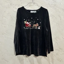 White Stag Plus Black Velour Christmas Shirt with Santa  & Reindeer sz 18W/20W