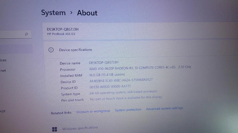 HP Probook 455 G5 15.6" AMD A10-9620P 2.5GHz 16GB 256GB SSD W11 Laptop (B2431) - Image 2 of 4