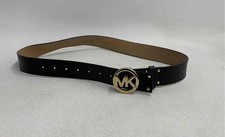 Michael Kors Women's Black Leather Belt Gold Signature MK Logo Buckle Sz M