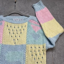 Vintage Angora Blend Pastel Patchwork Knit Sweater 80s Style Soft Colorblock M