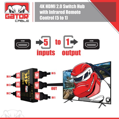 4K HDMI 2.0 Cable Splitter Switcher Box Hub IR Remote Control 5X1 Power 5 to 1 - Afbeelding 4 van 13