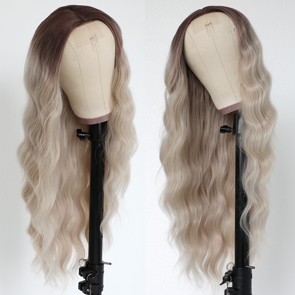 Ombre Brown Blonde Synthetic Lace Wigs Long Wavy Highlights 