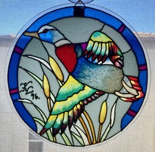 Vintage 1996 Stained Glass Metal Garden Window 8  Round Sun Catcher Bird Vibrant