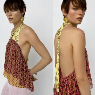 NWT New Zara Boho Peplum Halter Neck Patchwork Top Size M