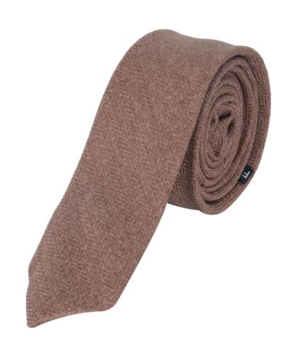 Mens Boys Wedding Herringbone Tweed Tan Brown Slim Tie & Pocket Square Set - Picture 3 of 8