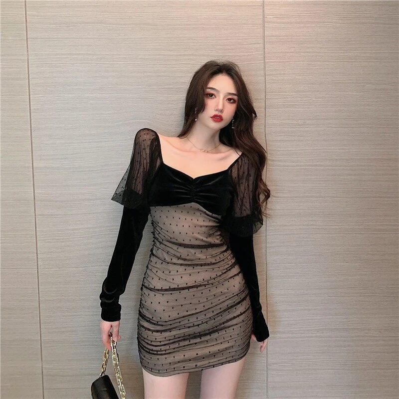 Mujeres Mini Vestido de Terciopelo Malla Transparente Manga Abullonada Lunares Sexy Retro Gótico Foto 3 de 4