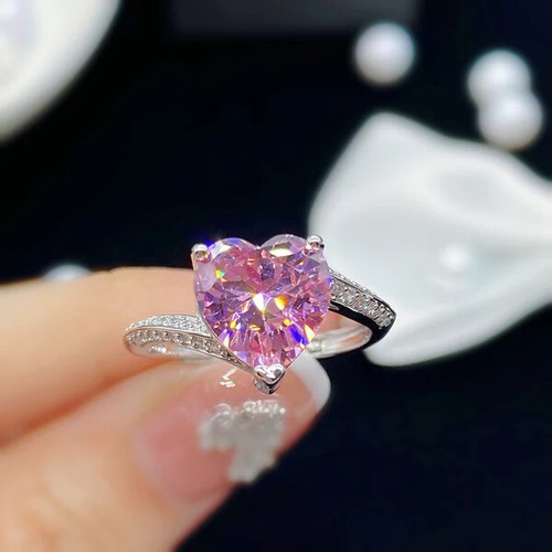 Silver Plated Pink Spinel Ice Cut Heart Shape Adjustable Finger Ring for Women
