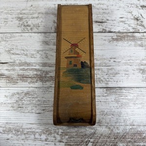 Wooden Pencil Box Hand Painted Windmill Sliding Lid Design Vintage 