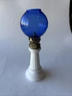 Antique Milk Glass Miniature Oil Lamp Column Base with Cobalt Glass Globe Shade