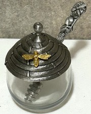 Salisbury Pewter Glass Honey Pot & Dipper w/ Gold Plated Honey Bee Made In USA