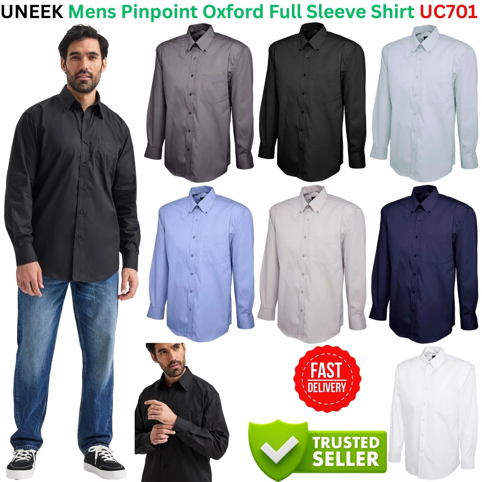 Uneek Men's Pinpoint Oxford Full Long Sleeve Shirt Formal Dress Office UC701