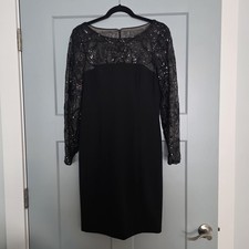 Eliza J Black Sequin Lace Cocktail Dress Women’s Size 10 Sheer Sleeve Party