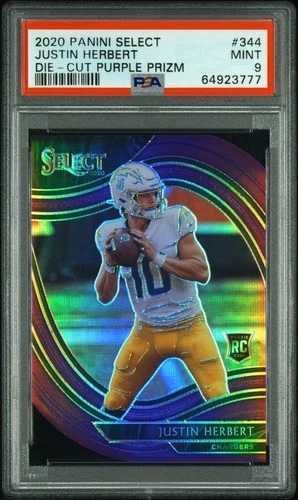 2020 Panini Select Die-Cut Purple Prizm Justin Herbert #344 RC Field Level PSA 9