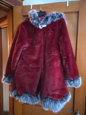 Mao Chun Faux Fur Red Jacket Size 12/14 Hooded Long Sleeve Very Nice NWOT 