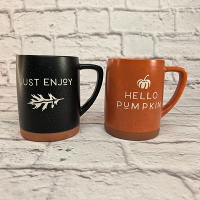 Halloween Place & Time Mugs Set Of 2 Just Enjoy & Hello Pumpkin Black & Orange