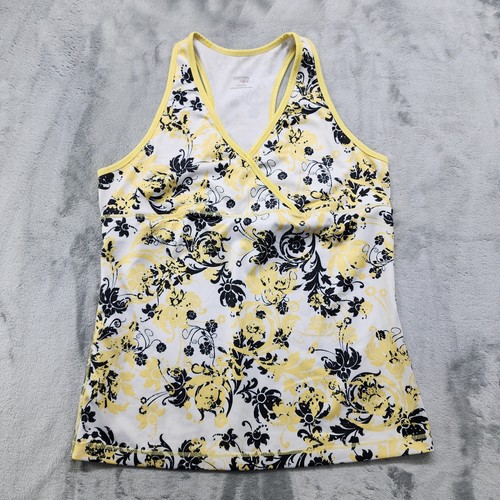 Danskin Now Top Womens L Yellow Black Floral V-Neck Racerback Tank Workout Yoga