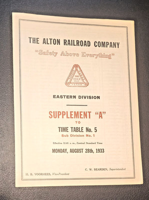 1933 Alton Railroad Supplement A No. 5 Timetable Eastern Division Railway R328