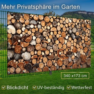 Garten Sichtschutzbanner PVC Bauzaundeko Motivplane Baumstamm Holzstapel 340x173