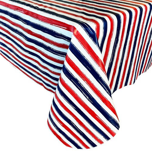 Patriotic Brushstroke Stripe Red, White, Blue Vinyl Tablecloth with Flannel B...