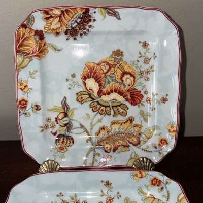 4- 222 Fifth Gabrielle Floral Square Blue 6.25''x6.25'' Bread Plates Fine China