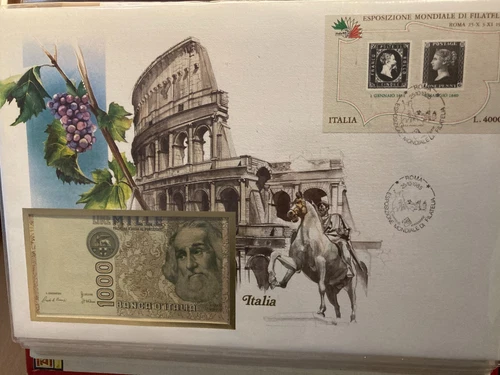 Italy 1985 First Day Cover with Banknote 1000 Lire and Block Italia Large Cover