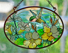 SMALL VINTAGE Stained Glass HUMMINGBIRD Suncatcher 3 1/4" X 4 1/2 Framed Panel