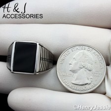 MEN 925 STERLING SILVER RECTANGLE BLACK ONYX RING ASR94