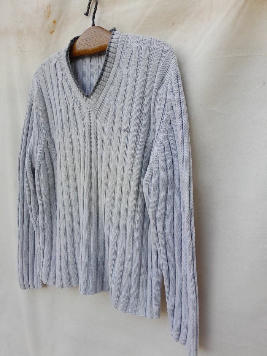 Thomas Burberry Sweater Mens Medium Grey Ribbed V Neck Cotton Mix