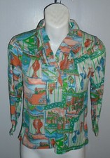 Girl's Vtg 1970s Yoked Ruched Colorful Graphic Blouse Vases Houses Sz M NOS