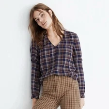 Madewell Blue Plaid V-Neck Long Sleeve Ruffle Top Flannel Shirt Pullover Sz Med