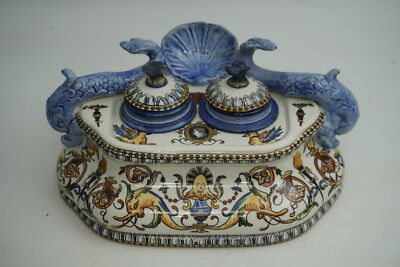 1870 Antique Gien French Victorian Porcelain Faience Inkwell
