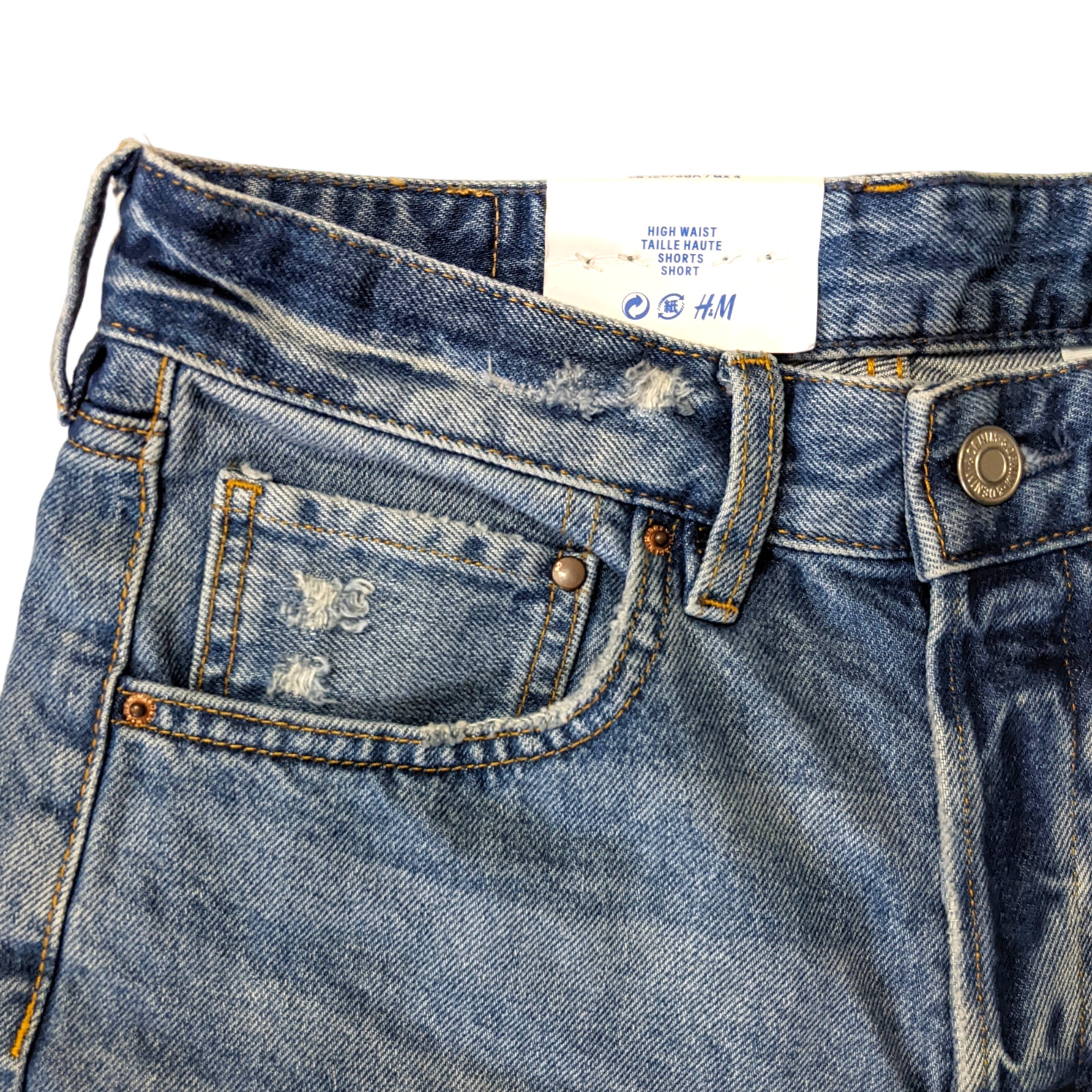 H&M High-Waisted Jean Shorts Women's 6 Cuff Raw Hem Blue Denim Medium Wash NWT thumbnail 6