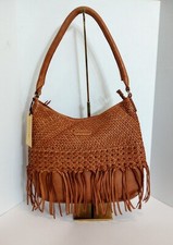 Nwt Marta Ponti Large Woven Leather Fringe Hobo Bag Shoulder Purse, Tan