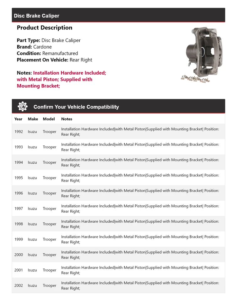 适用于 1992 - 2002 年五十铃部队盘式制动卡钳右后 Cardone 1993 1994 1995 — 第 2/4 张图片