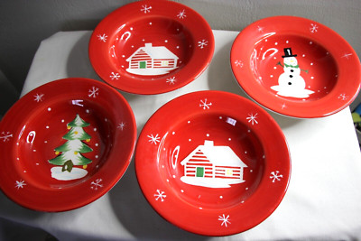 (4) Garden Ridge Lodge Soup Bowls Christmas Tree Holiday Table Snowman