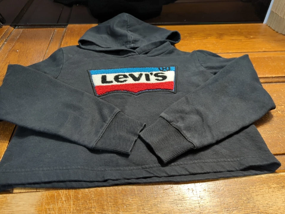Levis Girls Crop Hoodie Sweatshirt Medium 10-12 Years Black Chenille Logo Patch - Image 3 of 4