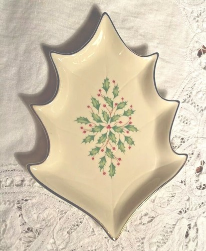 Lenox Weihnachten Urlaub Stechpalme Beeren Schmuck Süßigkeiten Schale Tablett Elfenbein Goldrand