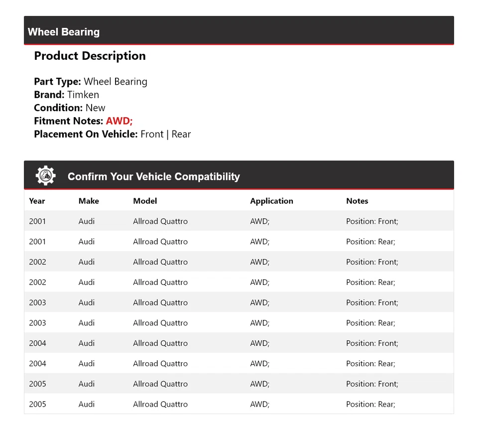 For 2001-2005 Audi Allroad Quattro AWD Wheel Bearing Timken 2002 2003 2004 - Image 2 of 4
