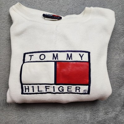 Tommy Hilfiger Mens XL White Vintage Sweatshirt Large Front Logo USA 50/50 Blend