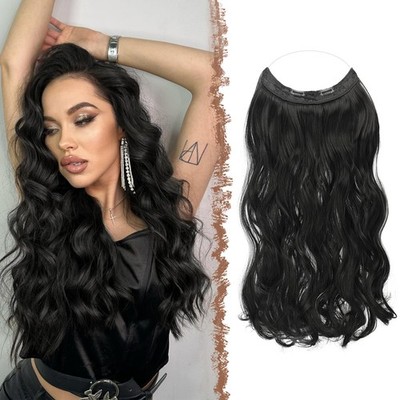 FESHFEN Invisible Wire Hair Extensions 20'' Long Wavy Synthetic Black